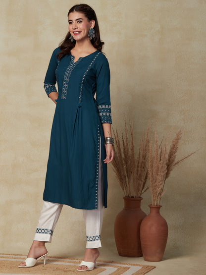 Solid Resham & Sequins Embroidered Pleated Front Kurta - Teal