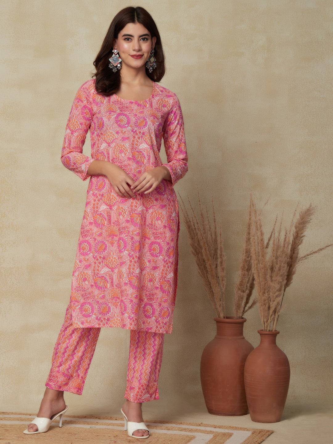 Floral & Stripes Printed Straight Kurta with Pant - Pink