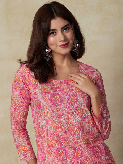 Floral & Stripes Printed Straight Kurta with Pant - Pink