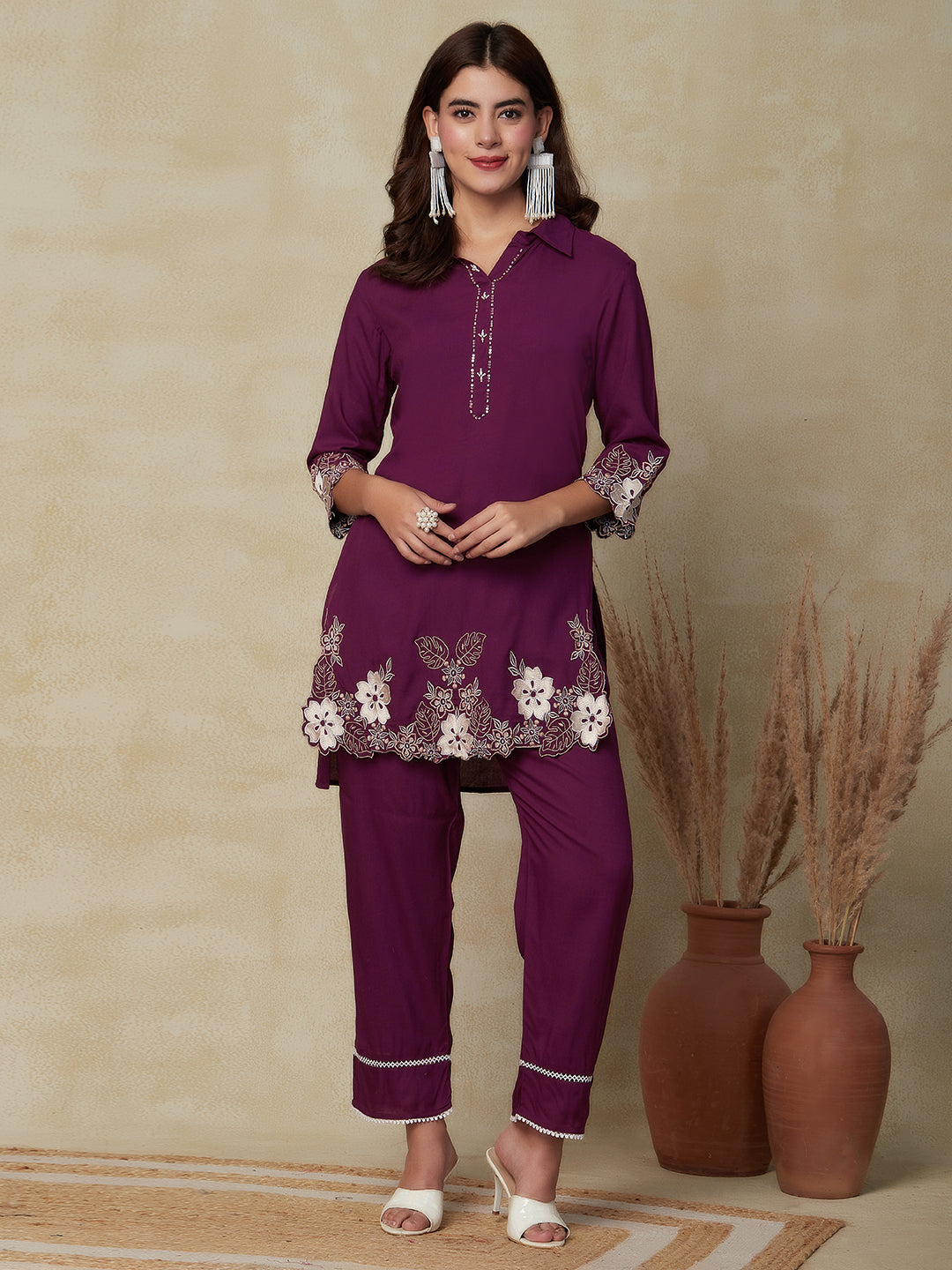 Solid Floral Embroidered A-Line Kurta with Pant - Purple