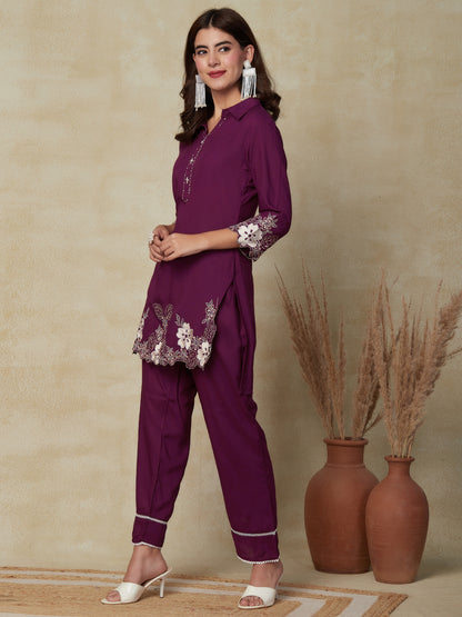 Solid Floral Embroidered A-Line Kurta with Pant - Purple