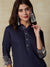 Solid Floral Embroidered A-Line Kurta with Pant - Navy Blue