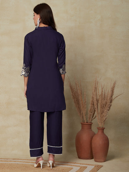 Solid Floral Embroidered A-Line Kurta with Pant - Navy Blue