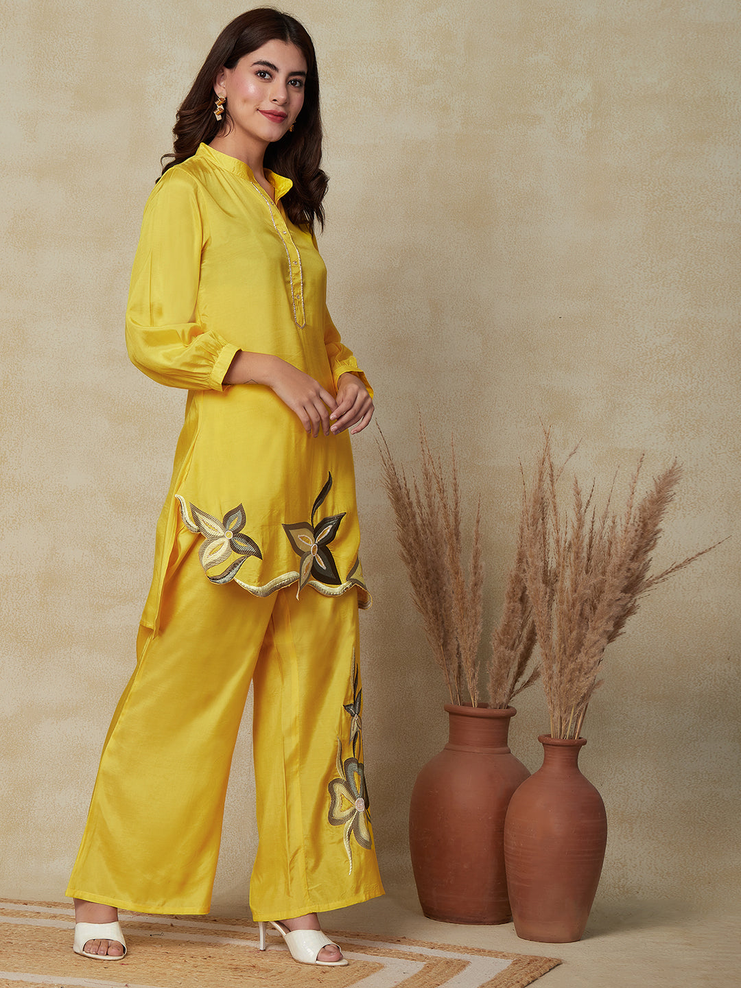 Solid Floral Embroidered A-Line Kurta with Palazzo - Yellow
