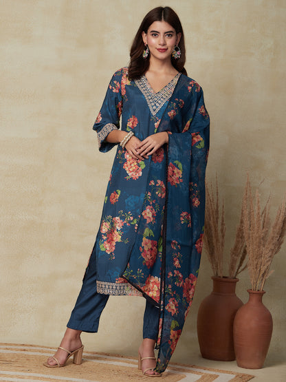 Floral Printed & Embroidered Straight Fit Kurta with Pant with Dupatta- Blue