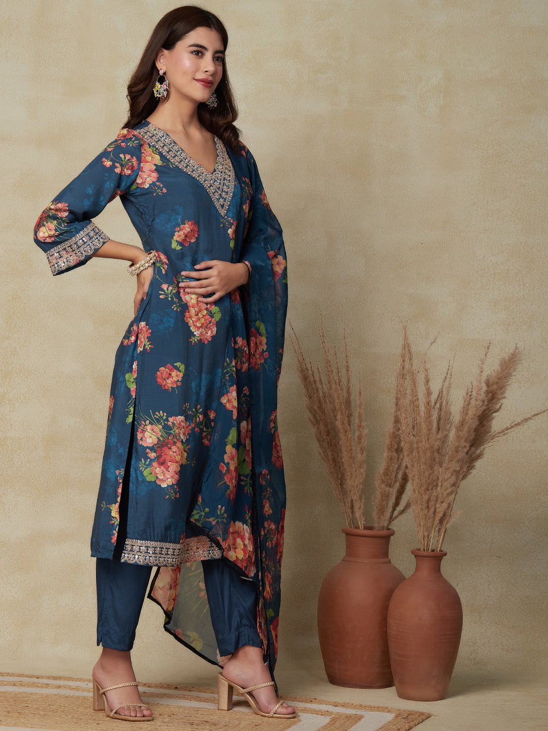 Floral Printed & Embroidered Straight Fit Kurta with Pant with Dupatta- Blue