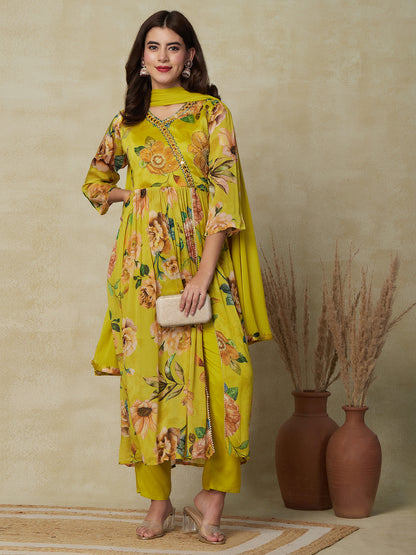 Floral Printed & Embroidered A-Line Pleated Kurta with Pant & Dupatta - Lime Green