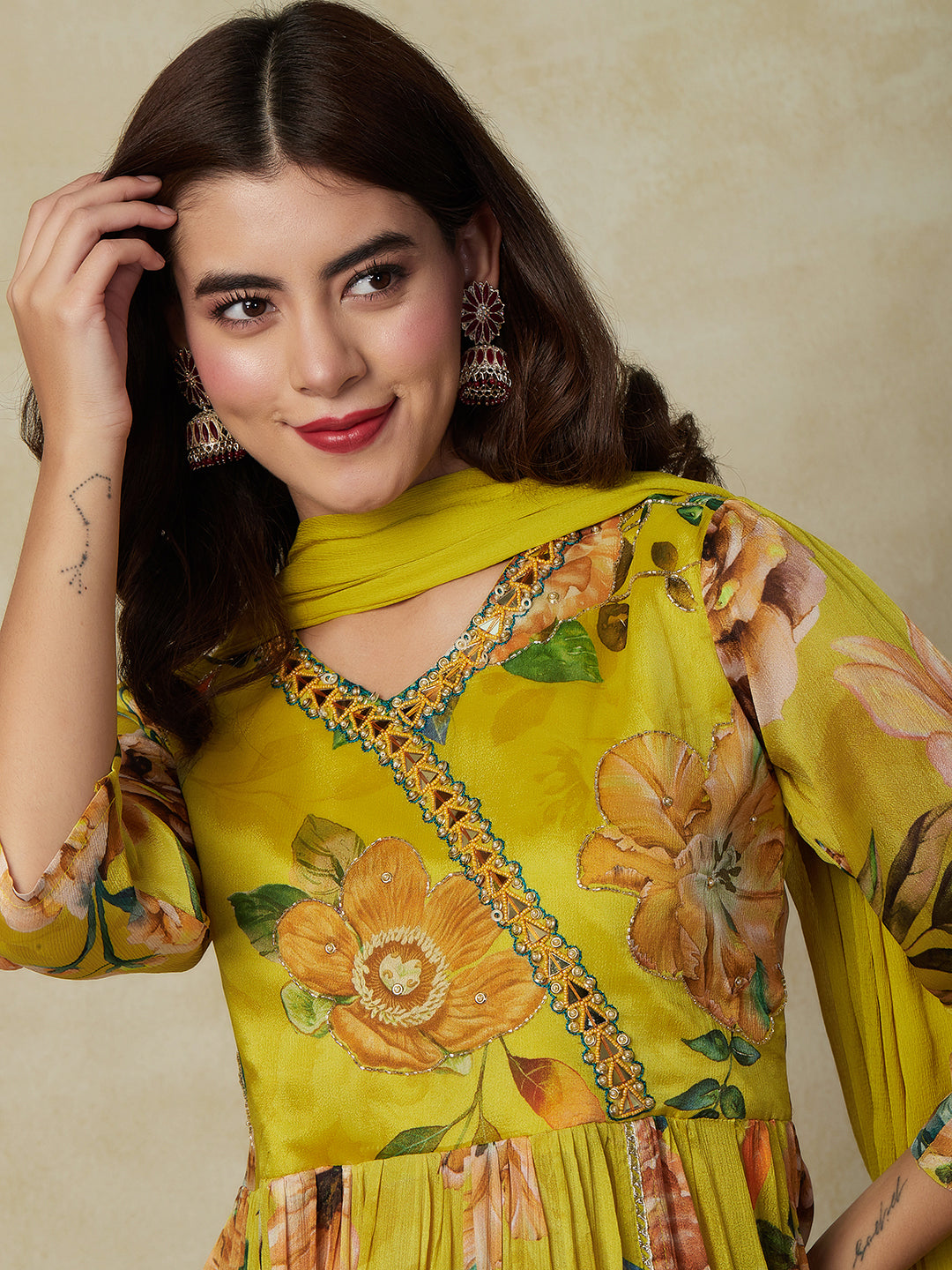 Floral Printed & Embroidered A-Line Pleated Kurta with Pant & Dupatta - Lime Green