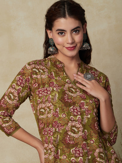 Floral Printed Sequins Embroidered Angrakha Style Kurta - Mustard Green