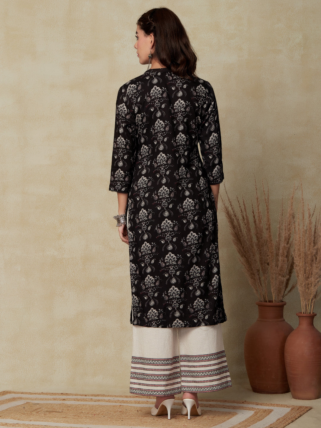 Floral & Paisley Printed Sequin Embroidered Angrakha Style Kurta - Black