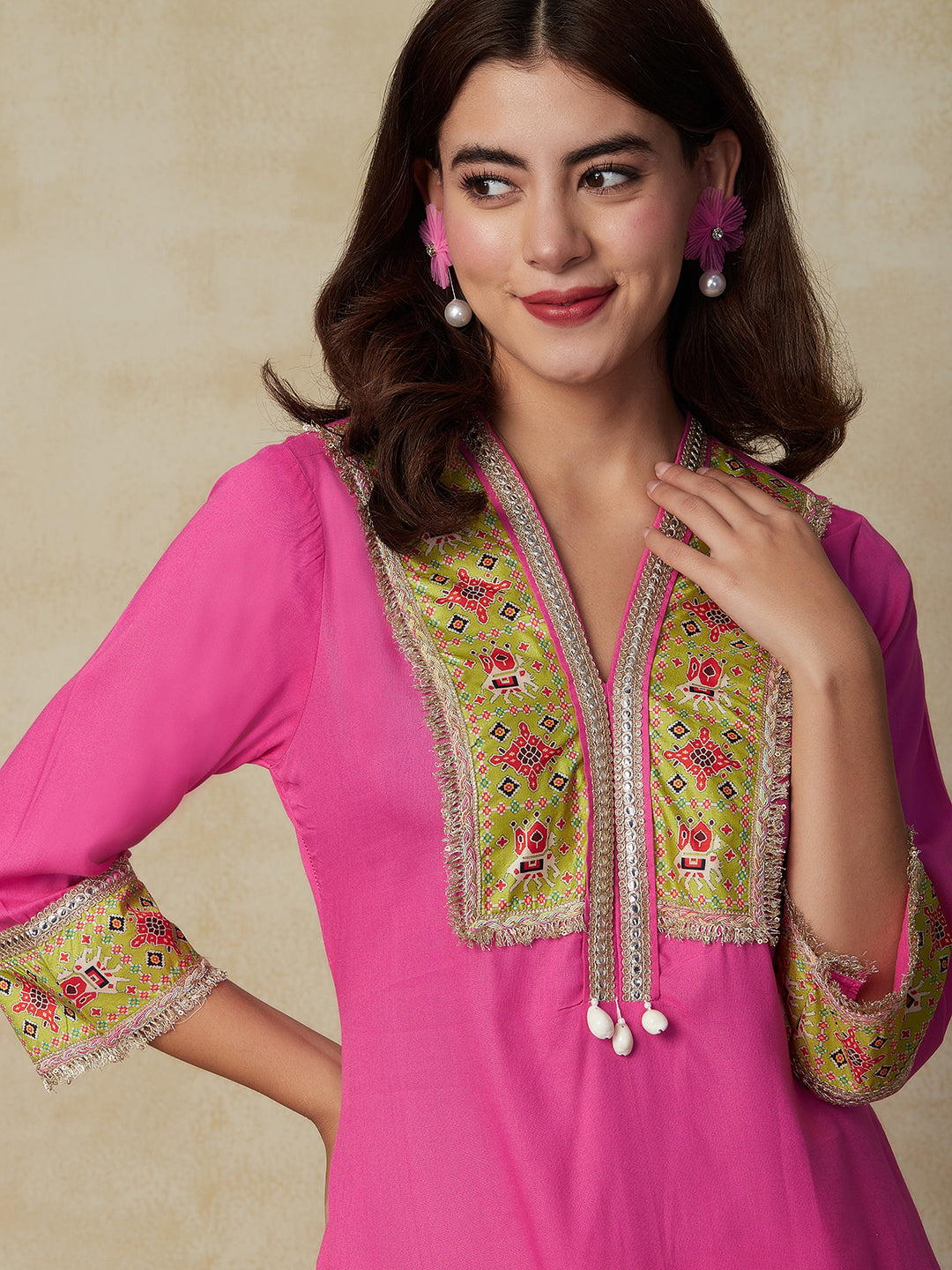 Solid Ethnic Embroidered A-Line High Low Kurta with Pant - Pink