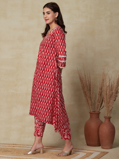 Floral & Chevron Printed A-Line Kurta with Pant - Red