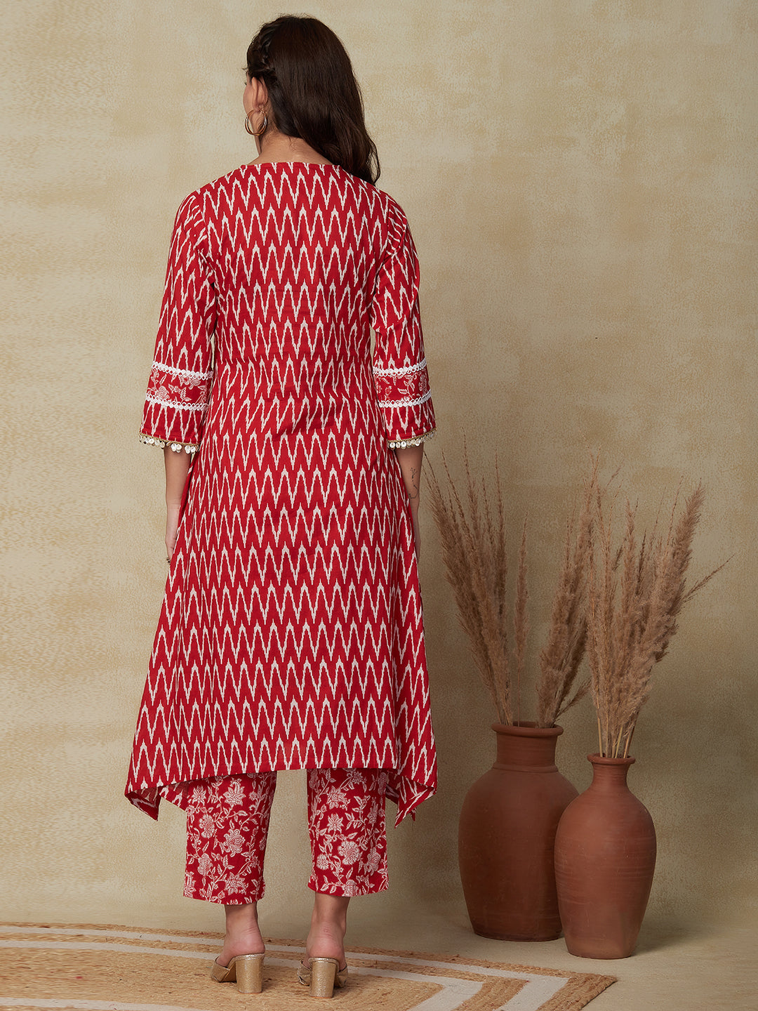 Floral & Chevron Printed A-Line Kurta with Pant - Red