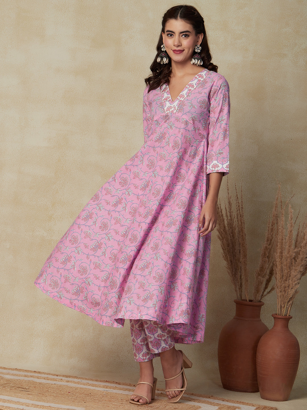 Ethnic Floral Printed A-Line Flared Kurta with Pant - Pink