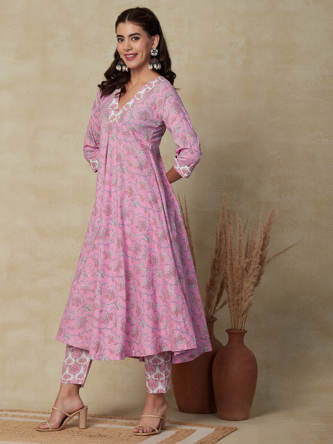 Ethnic Floral Printed A-Line Flared Kurta with Pant - Pink