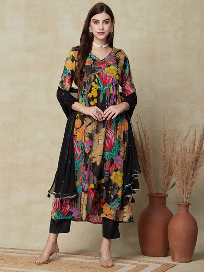 Floral Printed & Embroidered A-Line Pleated Kurta with Pant & Dupatta - Multi