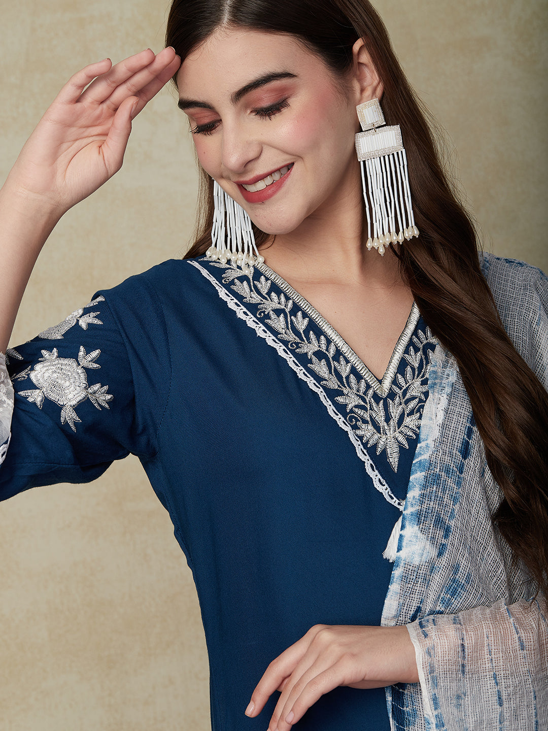Solid Floral Embroidered Straight Kurta with Pant & Dupatta - Blue