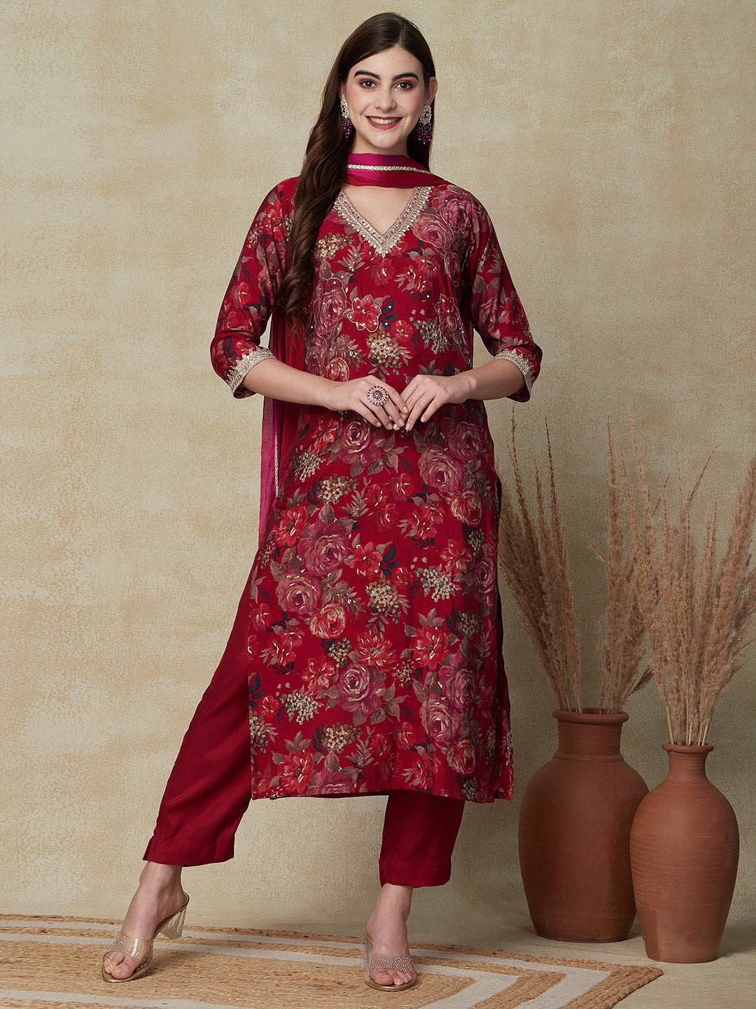 Ethnic Floral Printed & Embroidered Kurta with Pant & Dupatta - Maroon