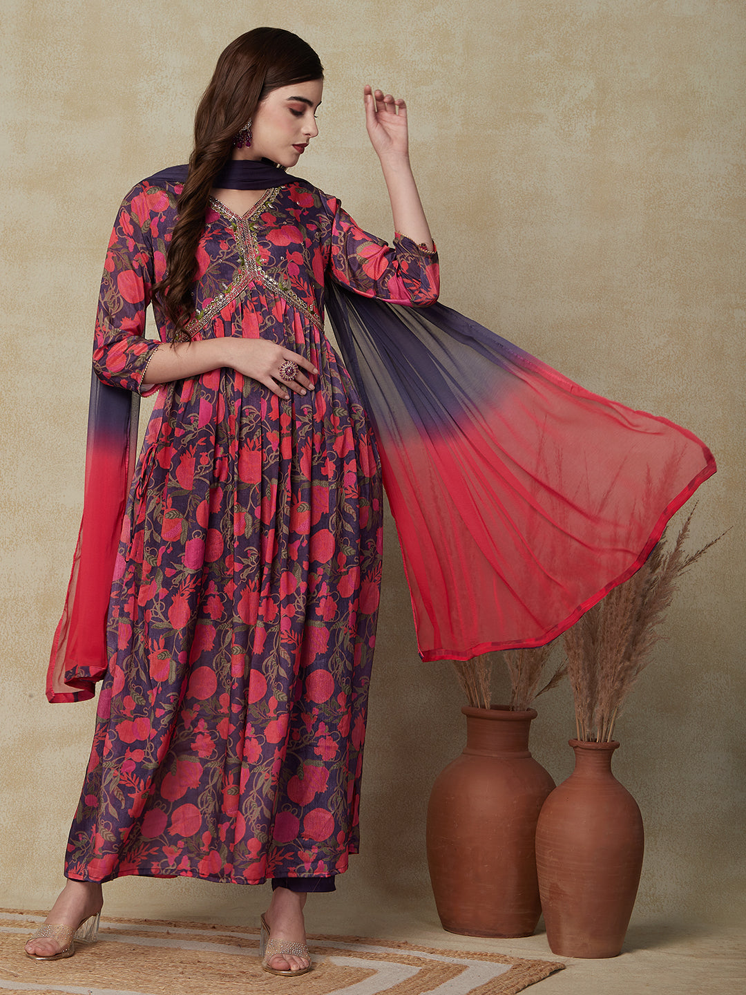 Floral Printed & Embroidered A-Line Pleated Kurta with Pant & Dupatta - Purple