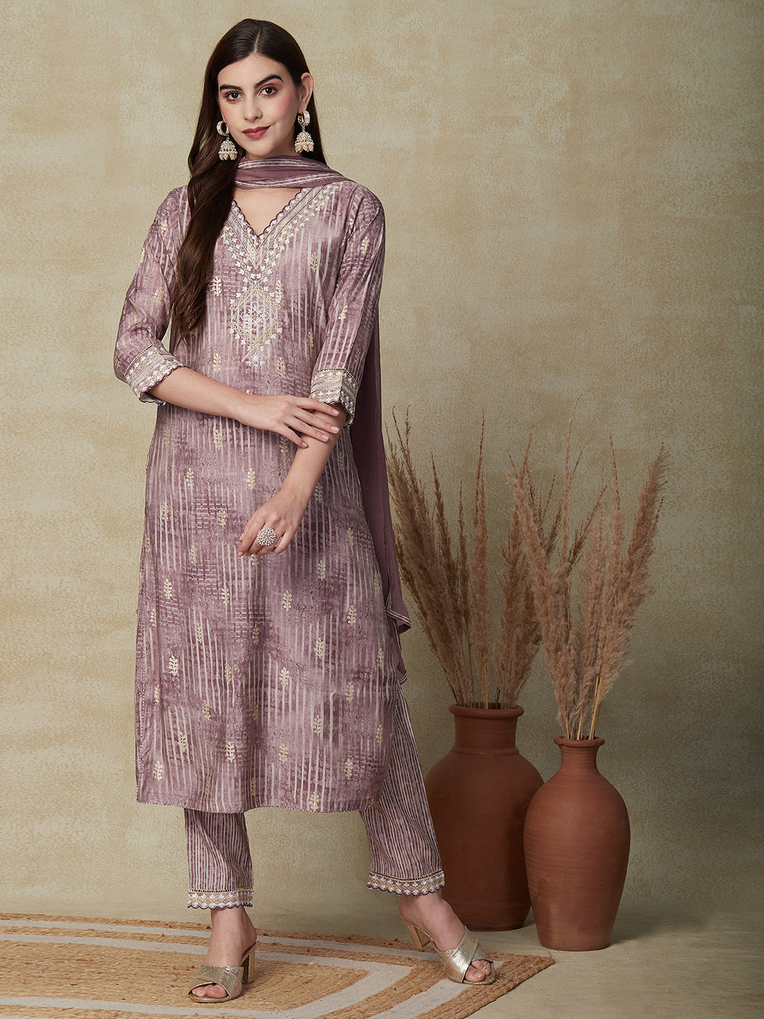 Ethnic Foil Printed & Embroidered Kurta with Pant & Dupatta - Lavender
