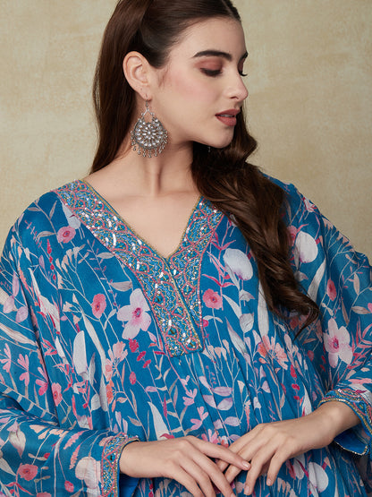 Floral Printed & Hand Embroidered Kaftan Kurta with Palazzo - Blue