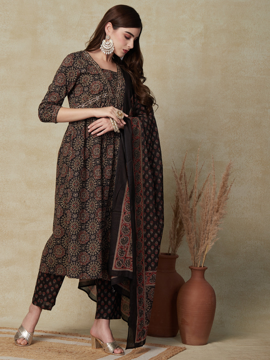 Ethnic Floral Printed & Embroidered Anarkali Kurta with Pant & Dupatta - Brown