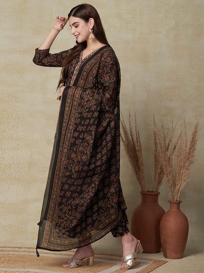 Ethnic Floral Printed & Embroidered Anarkali Kurta with Pant & Dupatta - Brown