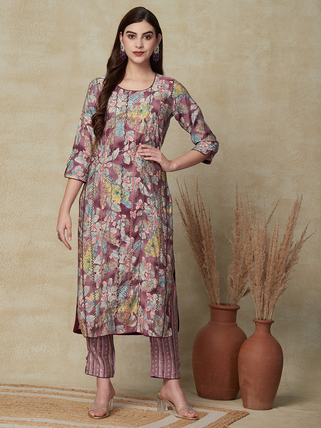 Floral Printed & Embroidered Straight Kurta with Pant & Dupatta - Lavender