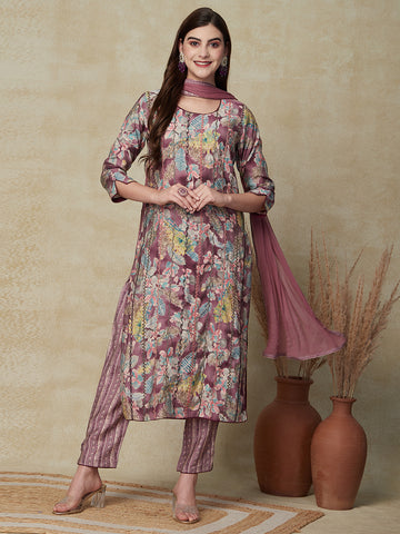 Floral Printed & Embroidered Straight Kurta with Pant & Dupatta - Lave –  FASHOR