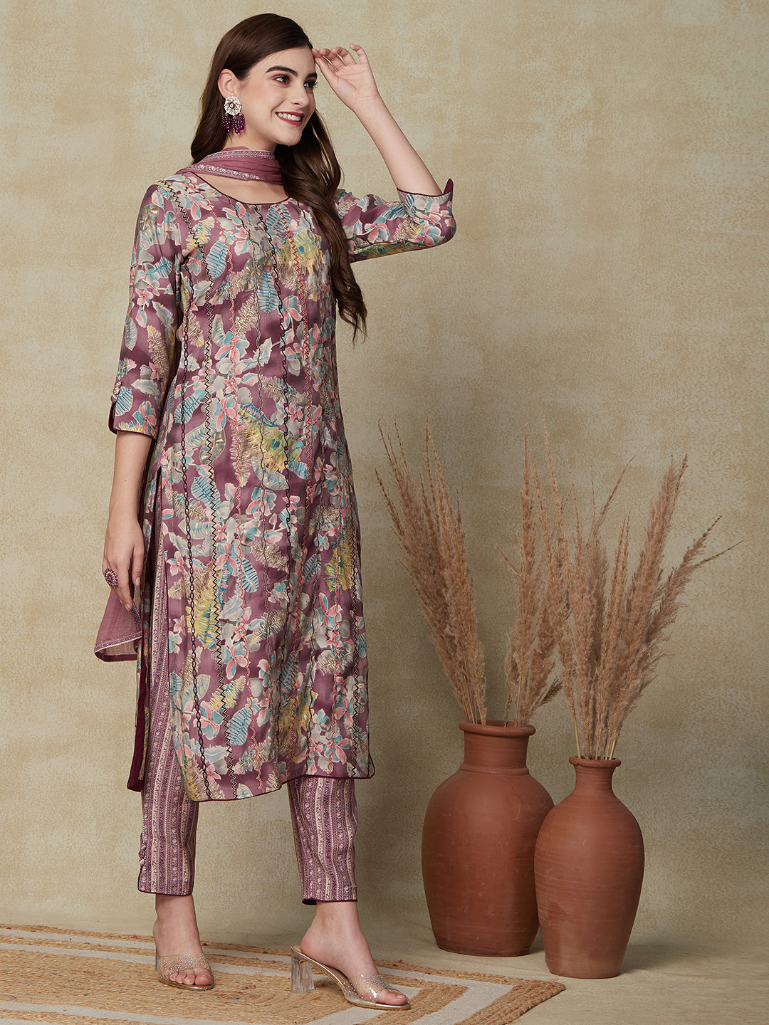 Floral Printed & Embroidered Straight Kurta with Pant & Dupatta - Lavender