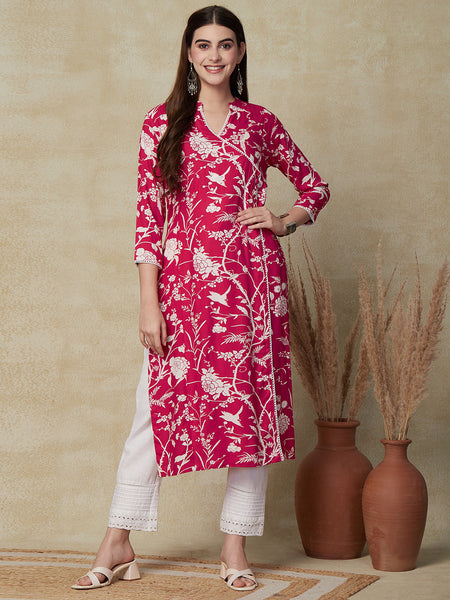 Floral Printed Sequins Embroidered Crochet Lace Work Kurta - Pink – FASHOR