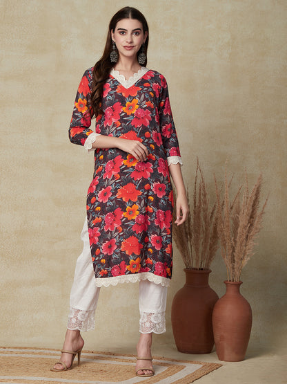 Floral Printed Straight Fit Kurta - Burgundy