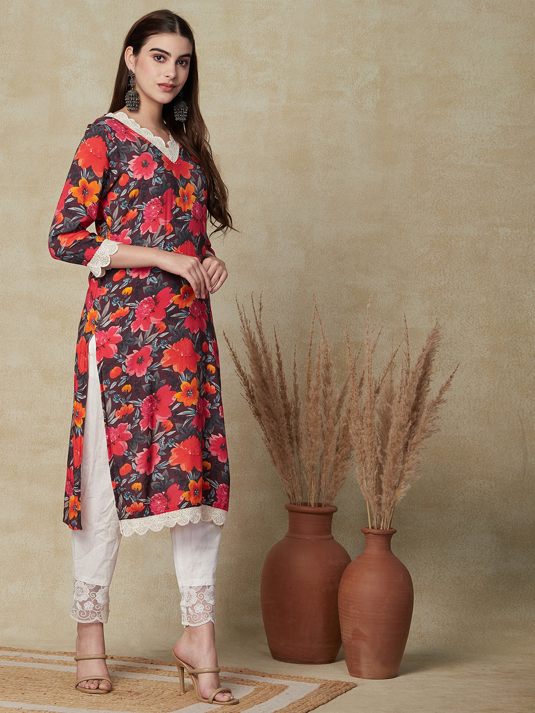 Floral Printed Straight Fit Kurta - Burgundy