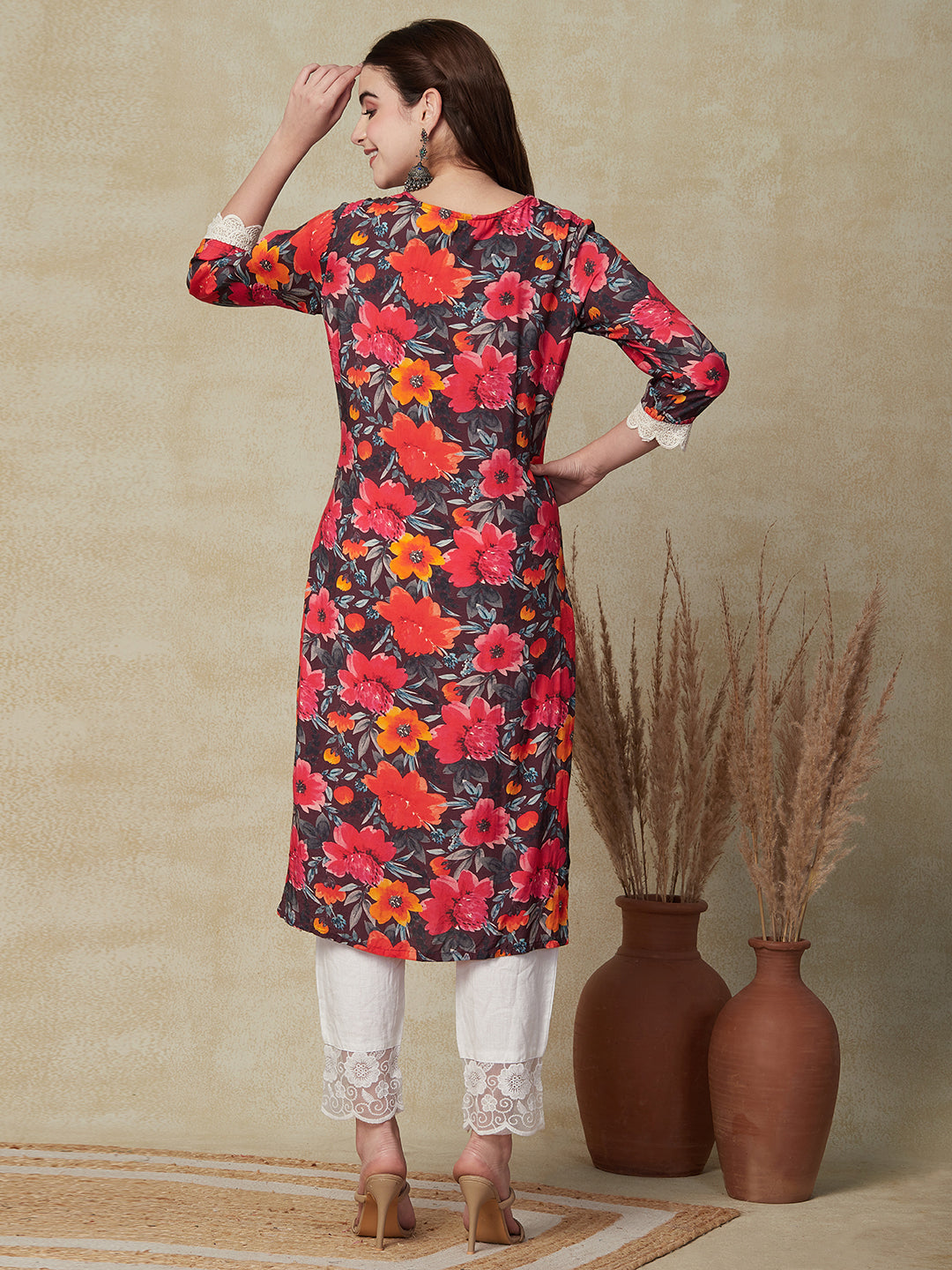 Floral Printed Straight Fit Kurta - Burgundy