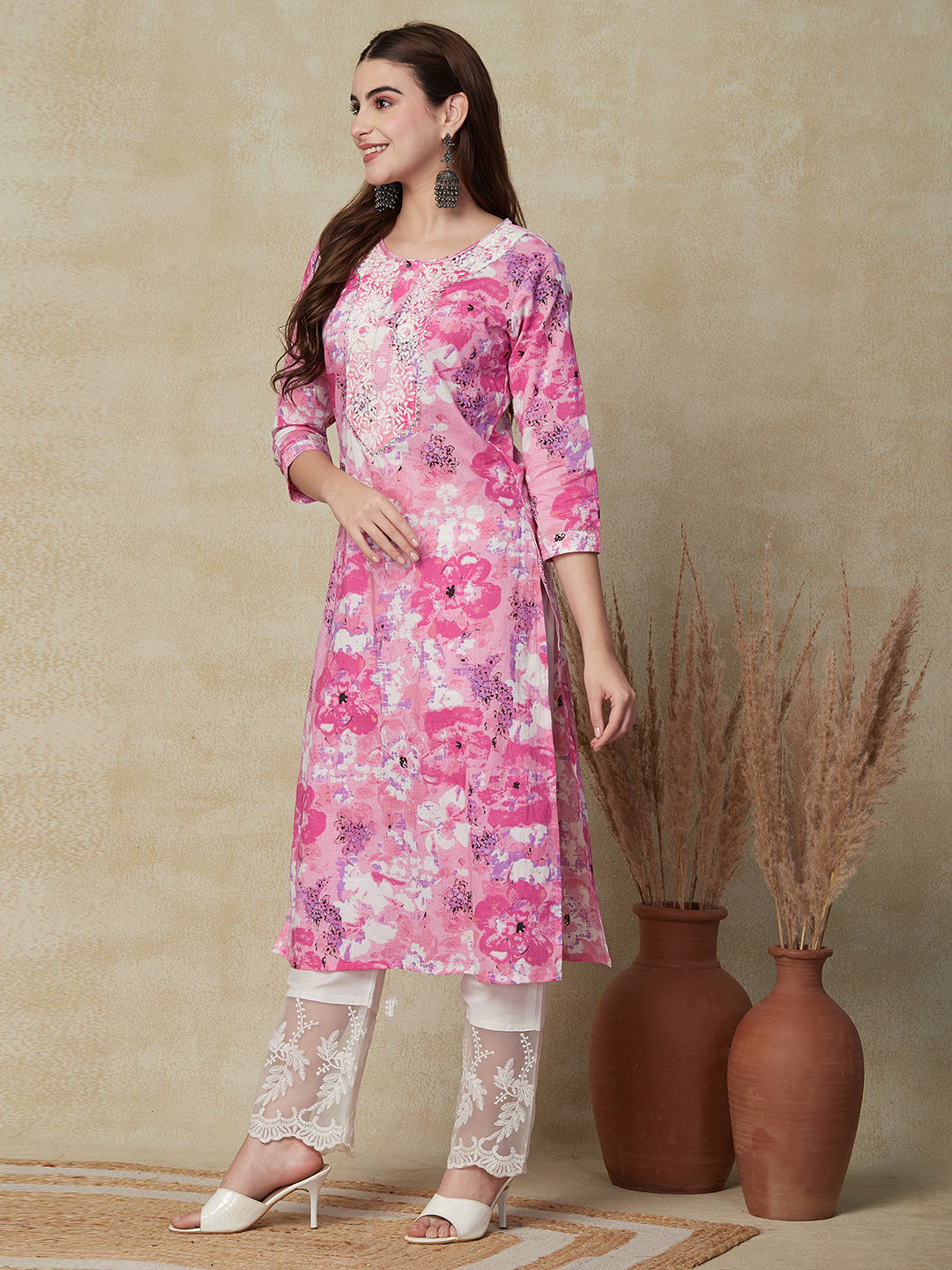 Floral Printed & Embroidered Straight Fit Kurta - Pink