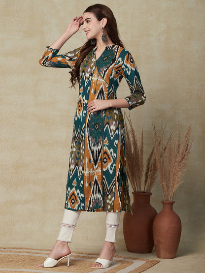 Abstract Printed Sequins Embroidered Crochet Lace Work Kurta - Green
