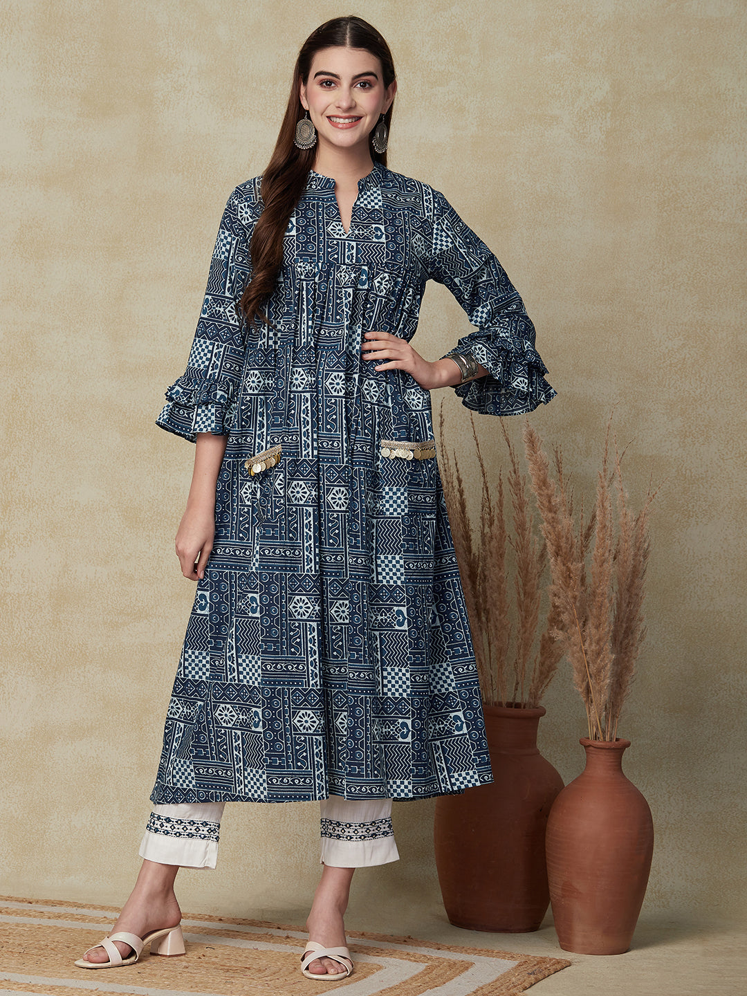 Ethnic Printed A-Line Pleated Midi Dress - Blue