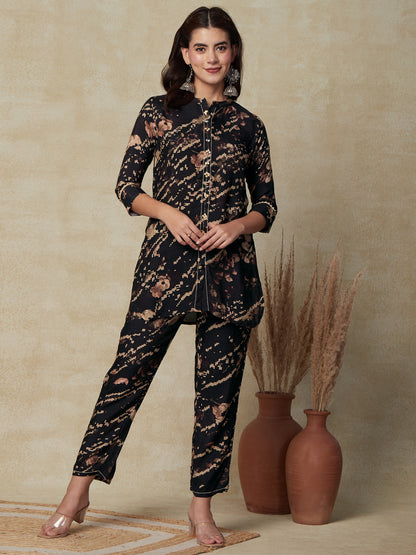 Abstract & Floral Printed Sequins Embellished Kurti with Pants Indo-western Co-ord Set - Black
