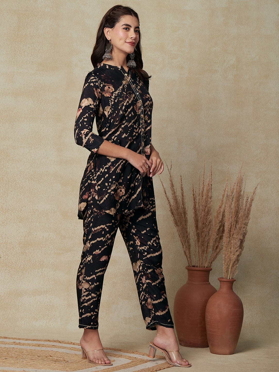 Abstract & Floral Printed Sequins Embellished Kurti with Pants Indo-western Co-ord Set - Black