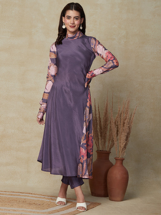 Solid & Floral Printed Churidaar Sleeves A-line Kurta with Pants - Purple