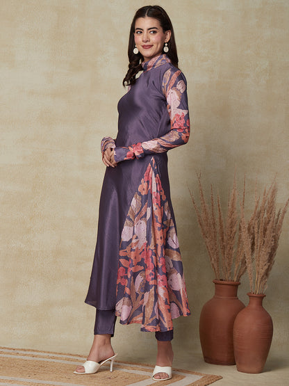 Solid & Floral Printed Churidaar Sleeves A-line Kurta with Pants - Purple