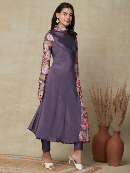 Solid & Floral Printed Churidaar Sleeves A-line Kurta with Pants - Purple