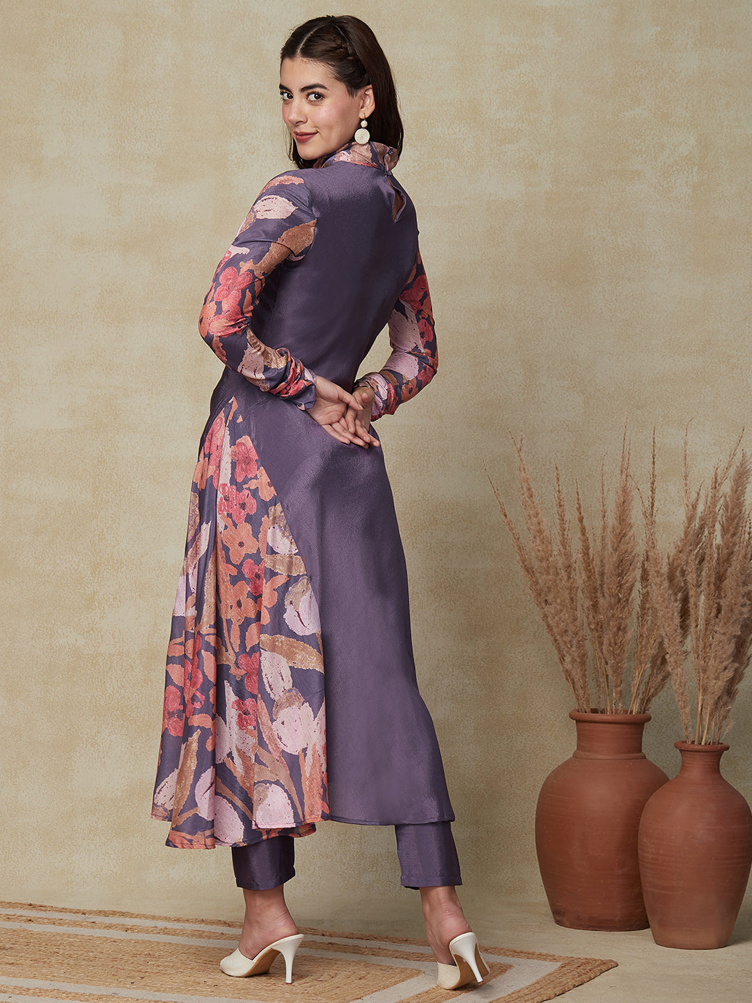 Solid & Floral Printed Churidaar Sleeves A-line Kurta with Pants - Purple