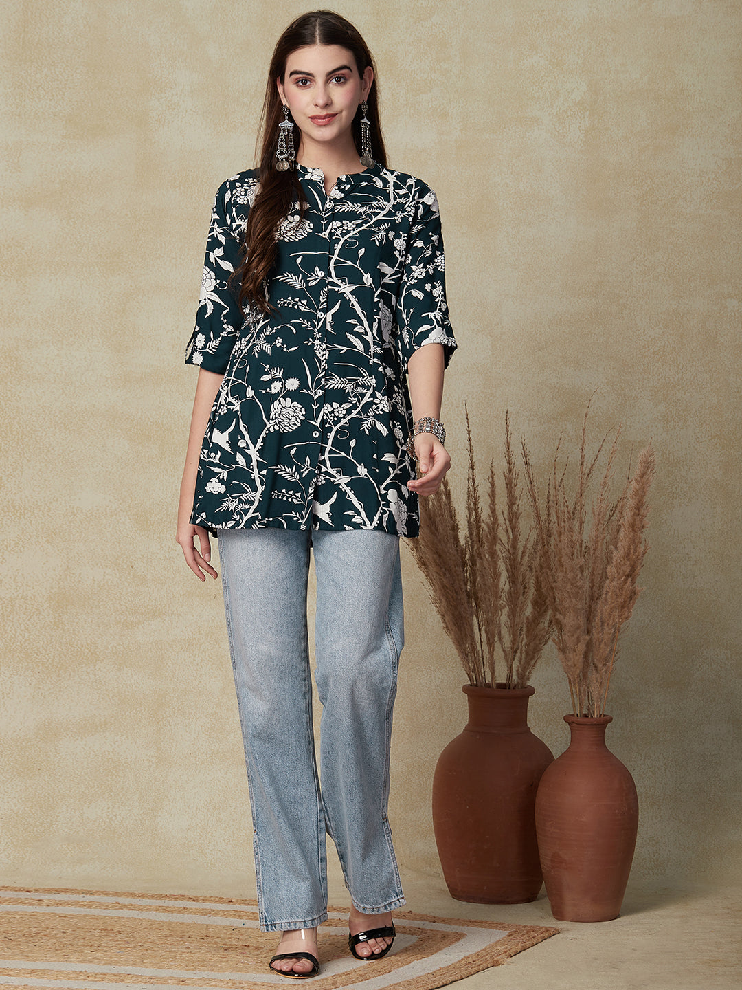 Floral Printed Mother-of-Pearl Buttoned Short Kurti - Dark Teal Green