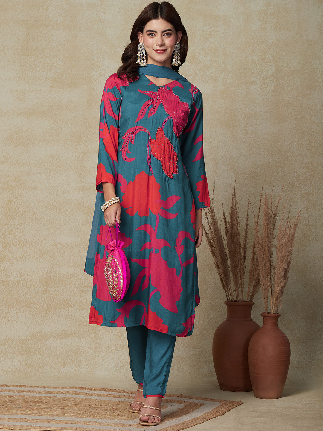 Abstract Printed Beads & Stones Embroidered Kurta with Pant & Dupatta - Teal