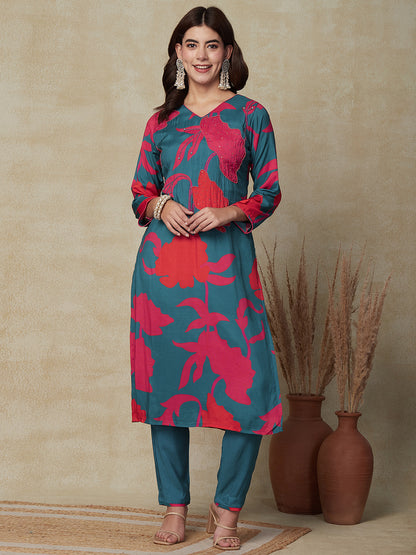 Abstract Printed Beads & Stones Embroidered Kurta with Pant & Dupatta - Teal