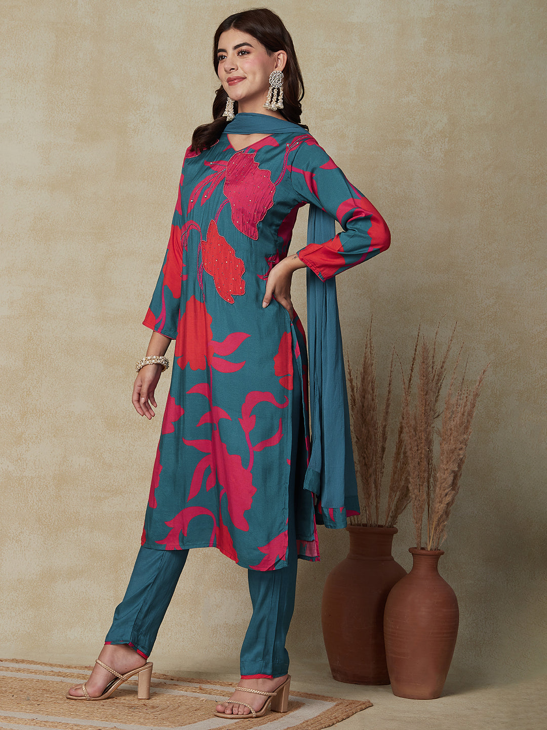 Abstract Printed Beads & Stones Embroidered Kurta with Pant & Dupatta - Teal