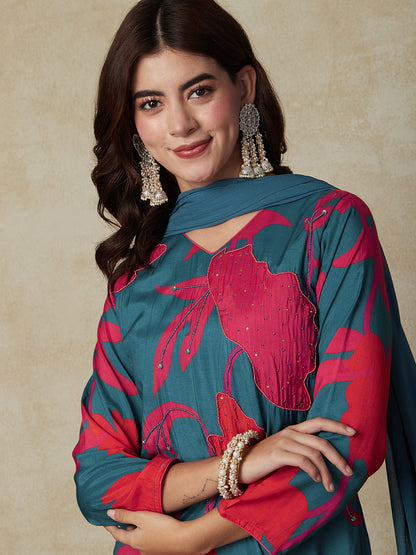 Abstract Printed Beads & Stones Embroidered Kurta with Pant & Dupatta - Teal