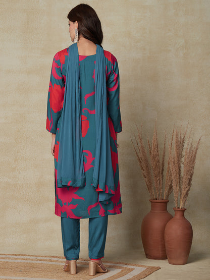 Abstract Printed Beads & Stones Embroidered Kurta with Pant & Dupatta - Teal