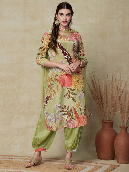 Floral Printed Mirror & Aari Embroidered Pure Crepe Kurta with Salwar & Dupatta - Pastel Green